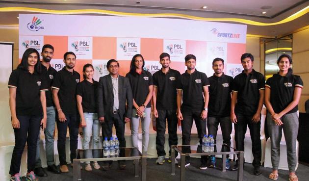 Rio Olympic silver medallist PV Sindhu and other shuttlers at the press conference for the PBL Season 2 in Hyderabad.(PTI)