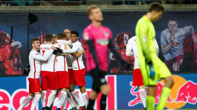 Leipzig's Willi Orban celebrates after scoring against Hertha Berlin. (REUTERS) Leipzig's Willi Orban celebrates after scoring against Hertha Berlin. (REUTERS)