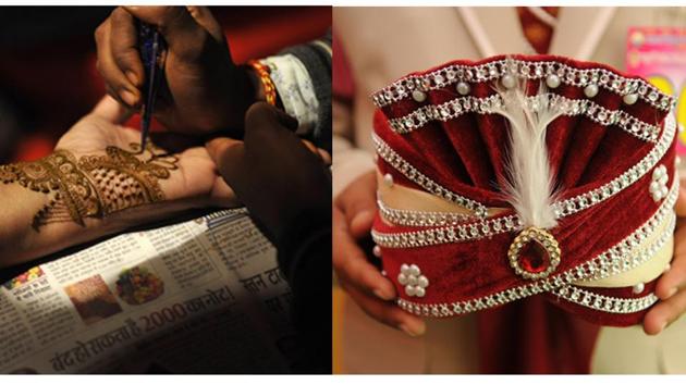Bharat Vikas Parishad, a city based NGO, hosted a mass wedding for 70 couples from underprivileged families in Noida and surrounding areas at the Noida stadium on December 17. (HT PHOTO)