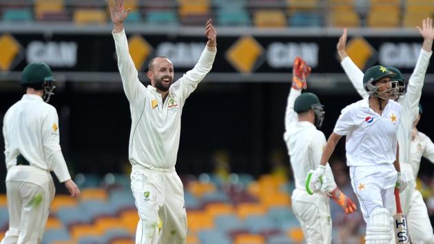 Nathan Lyon got the key wicket of Younis Khan just before the dinner break as Australia pushed for victory against Pakistan in Brisbane. (Getty Images) Nathan Lyon got the key wicket of Younis Khan just before the dinner break as Australia pushed for victory against Pakistan in Brisbane. (Getty Images)