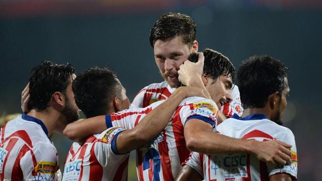 Atletico de Kolkata defender Henrique Fonseca Sereno (C) celebrates after he scores a goal against Kerala Blasters FC during the final Indian Super League (ISL) final. (AFP) Atletico de Kolkata defender Henrique Fonseca Sereno (C) celebrates after he scores a goal against Kerala Blasters FC during the final Indian Super League (ISL) final. (AFP)