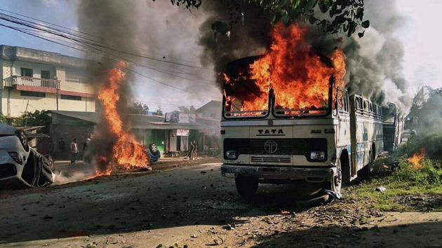 In the attack on vehicles in Imphal East, the arsonists did not target the vehicle drivers and passengers. But as fire tenders could not reach the spot, the vehicles could not be salvaged. (AFP) In the attack on vehicles in Imphal East, the arsonists did not target the vehicle drivers and passengers. But as fire tenders could not reach the spot, the vehicles could not be salvaged. (AFP)