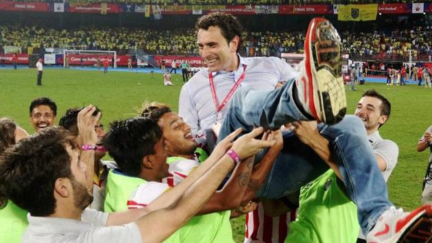 Atletico de Kolkata players celebrate with coach after winning the final of the Indian Super League 2016 (ISL) vs Kerala Blasters FC. (PTI) Atletico de Kolkata players celebrate with coach after winning the final of the Indian Super League 2016 (ISL) vs Kerala Blasters FC. (PTI)