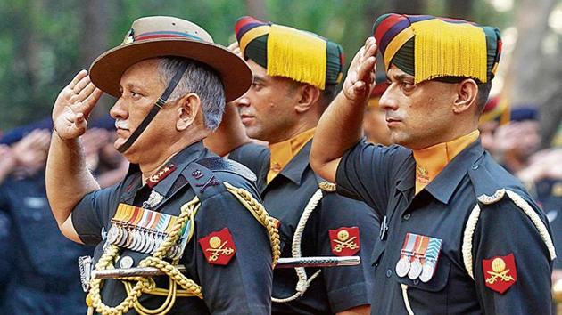 Lt Gen Bipin Rawat pays tributes to war martyrs during a function to commemorate 1971 Indo-Pakistan war victory, at Navy Nagar in Mumbai, India, on Wednesday, December 16. (Kunal Patil/ Hindustan Times) Lt Gen Bipin Rawat pays tributes to war martyrs during a function to commemorate 1971 Indo-Pakistan war victory, at Navy Nagar in Mumbai, India, on Wednesday, December 16. (Kunal Patil/ Hindustan Times)