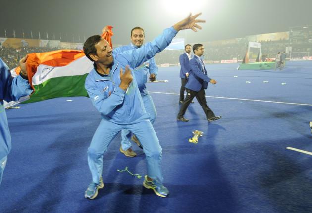 Harendra Singh celebrates after India’s win over Belgium in the final of 2016 Hockey Junior World Cup.(HT Photo)