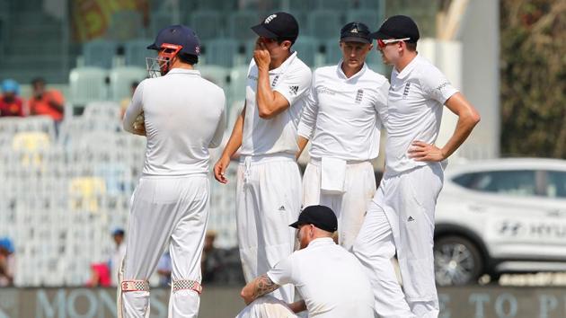 Alastair Cook tried to stem the flow of runs but he could not contain Karun Nair’s aggressive play. (BCCI) 