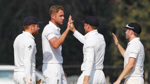 Stuart Broad chipped in with the wicket of Ravichandran Ashwin but there was little joy for England. (BCCI) 