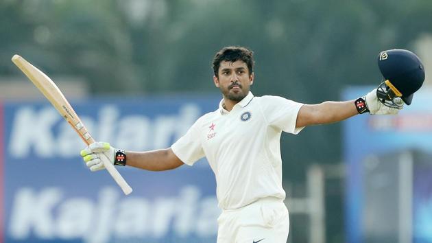Karun Nair of India celebrates his triple century during day four of the 5th Test between India and England at the MA Chidambaram Stadium on Monday.(BCCI)