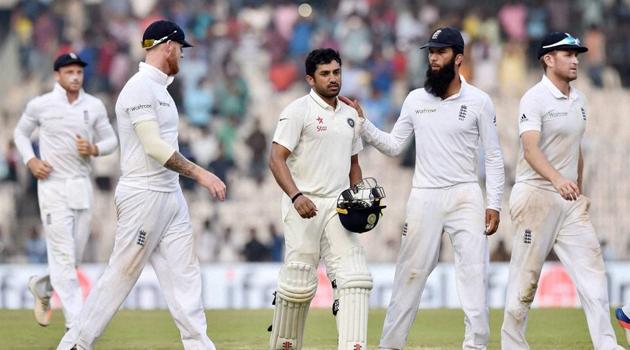 Chennai: India's Karun Nair being congratulated by England players as he leaves the ground after scoring his triple century.(PTI)