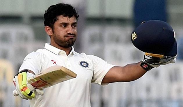 Karun Nair celebrates after scoring his triple ton during the fourth day of the fifth cricket test match against England in Chennai.(PTI)