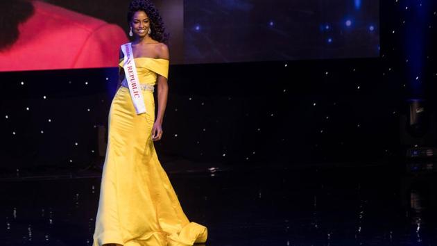 Miss Dominican Republic Yaritza Miguelina Reyes Ramirez in an evening gown. Ramirez walked away as the first runner-up of the pageant. (Zach Gibson/AFP)