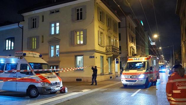 Ambulance and police cars are seen outside a Muslim prayer hall in central Zurich. (AFP) Ambulance and police cars are seen outside a Muslim prayer hall in central Zurich. (AFP)