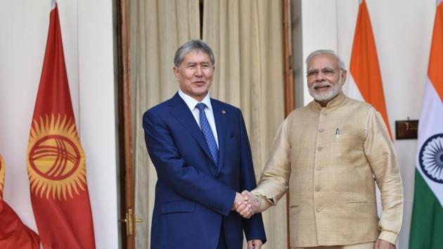 Prime Minister Narendra Modi and Kyrgyz President Almazbek Atambayev held comprehensive talks and agreed to step up engagement in key areas of defence, security and trade. (Twitter/ @narendramodi) Prime Minister Narendra Modi and Kyrgyz President Almazbek Atambayev held comprehensive talks and agreed to step up engagement in key areas of defence, security and trade. (Twitter/ @narendramodi)