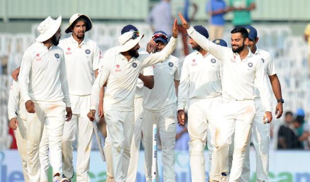 Indian cricket captain Virat Kohli (R) celebrates with teammates after winning the fifth Test match against England in Chennai. (AFP) Indian cricket captain Virat Kohli (R) celebrates with teammates after winning the fifth Test match against England in Chennai. (AFP)