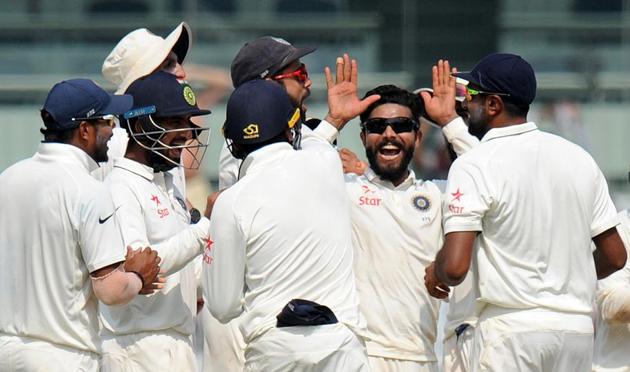 India's Ravindra Jadeja captured England skipper Alastair Cook for the sixth time in the series as the visitors’ top-order batsmen caved in, losing four wickets for 26 runs after being 95 for no loss. (AFP) India's Ravindra Jadeja captured England skipper Alastair Cook for the sixth time in the series as the visitors’ top-order batsmen caved in, losing four wickets for 26 runs after being 95 for no loss. (AFP)