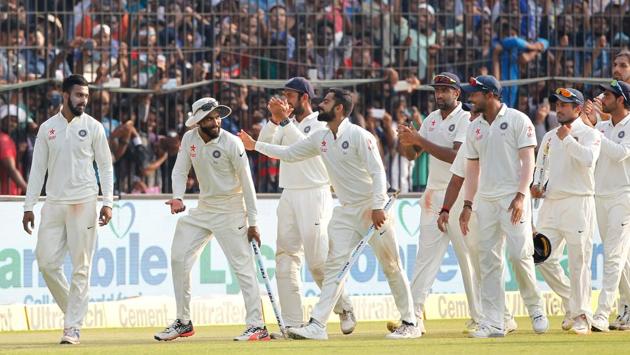 Team India players celebrate their innings win in the 5th Test match between India and England held at the M. A. Chidambaram Stadium in Chennai on Tuesday.(BCCI)