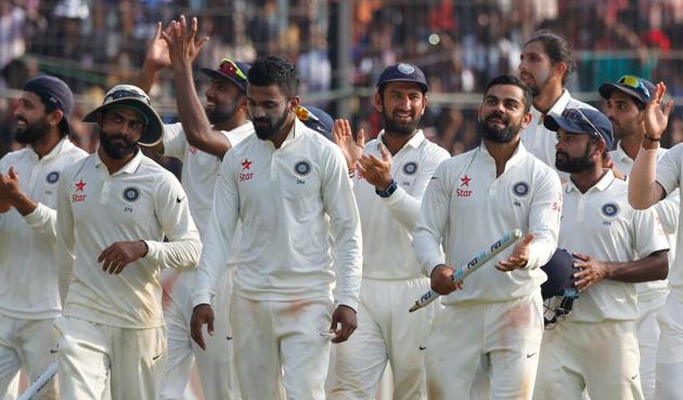 Indian team celebrates the innings win against England during day five of the 5th Test match against England in Chennai on Tuesday.(Photo: BCCI)