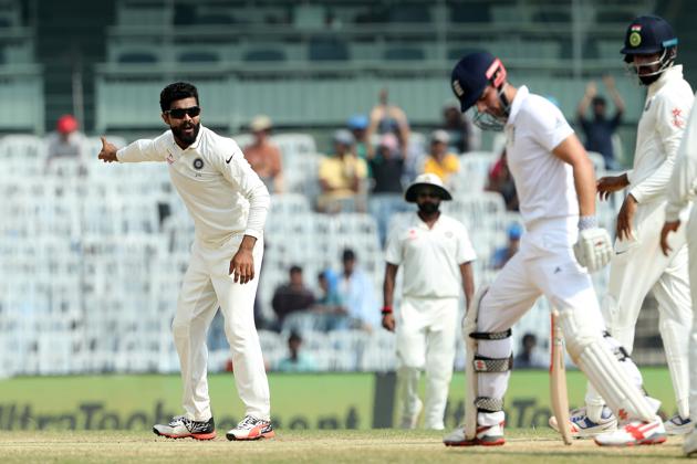 Ravindra Jadeja appeals against Alastair Cook on day 4 of the fifth and final India vs England Test in Chennai on December 20.(BCCI)