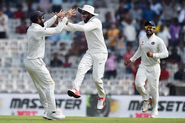 Chennai: India's captain Virat Kohli and Ravindra Jadeja celebrates the dismissal of England's Moeen Ali, during their second day of the fifth cricket test match at MAC Stadium in Chennai on Saturday. PTI Photo by R Senthil Kumar(PTI12_17_2016_000115A)(PTI)