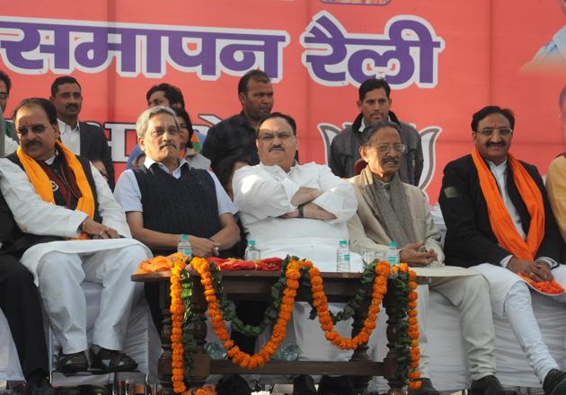 Uttarakhand BJP president Ajay Bhatt, defence minister Manohar Parrikar, union health minister JP Nadda, and members of parliament BC Khanduri and Ramesh Pokhriyal Nishank during the party’s Parivartan Yatra in Dehradun. (Vinay Santosh Kumar/HT File Photo) Uttarakhand BJP president Ajay Bhatt, defence minister Manohar Parrikar, union health minister JP Nadda, and members of parliament BC Khanduri and Ramesh Pokhriyal Nishank during the party’s Parivartan Yatra in Dehradun. (Vinay Santosh Kumar/HT File Photo)