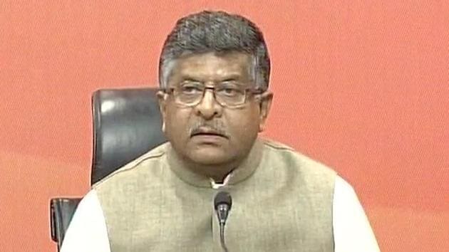 Union minister Ravi Shankar Prasad addresses a press conference.(ANI Photo)