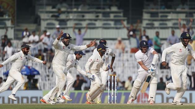 India cricket team celebrates after winning the Test series against England during the fifth day of the fifth Test match in Chennai, on Tuesday.(AP)