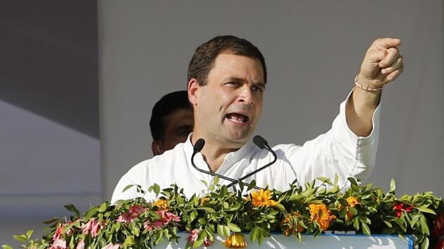 Congress vice president Rahul Gandhi addresses a rally in Gujarat’s Mehsana.(AP Photo)