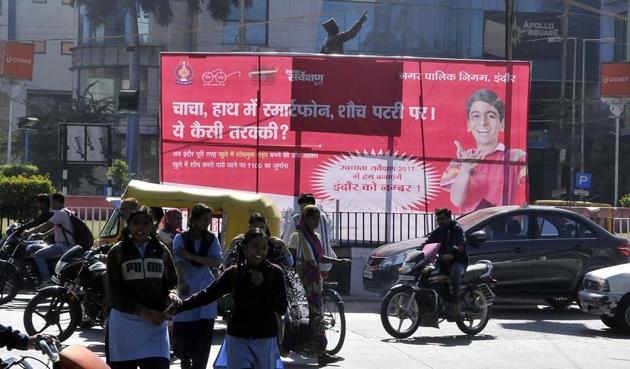 IMC has put up posters in several parts of Indore to create awareness among citizens about cleanliness.(Arun Mondhe/HT photo)