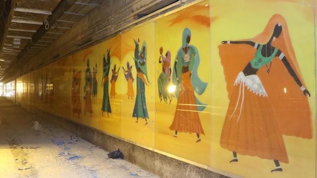 The first art panel was installed at the Bhikaji Cama Place Metro station this week. The first art panel was installed at the Bhikaji Cama Place Metro station this week.