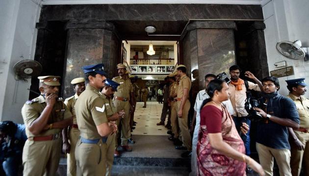 Chennai: Police personnel stands at the main entrance of Tamil Nadu State Secretariat during the raid at the chamber of chief secretary P Ramamohana Rao, Chennai, December 21(PTI) Chennai: Police personnel stands at the main entrance of Tamil Nadu State Secretariat during the raid at the chamber of chief secretary P Ramamohana Rao, Chennai, December 21(PTI)