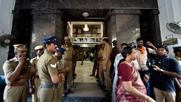Policemen stand at the main entrance of Tamil Nadu state secretariat during an income tax raid at the chamber of chief secretary P Ramamohana Rao. (PTI Photo) Policemen stand at the main entrance of Tamil Nadu state secretariat during an income tax raid at the chamber of chief secretary P Ramamohana Rao. (PTI Photo)