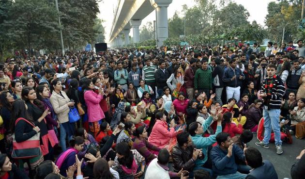 Scores of guest teachers staged a protest against AAP government after a function outside North Delhi’s Chhatarsal Stadium on Wednesday (PTI) Scores of guest teachers staged a protest against AAP government after a function outside North Delhi’s Chhatarsal Stadium on Wednesday (PTI)