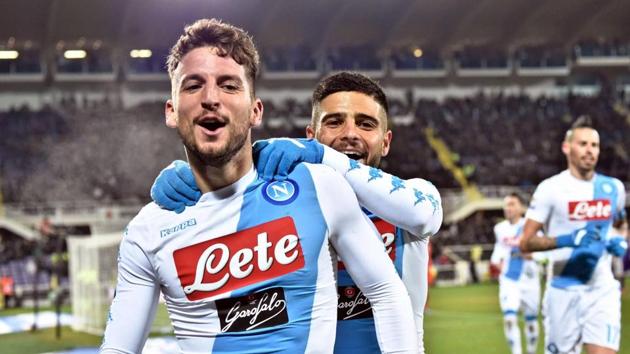 Napoli's Dries Mertens celebrates with his teammate Lorenzo Insigne, right, after scoring during the Serie A match between Fiorentina and Napoli. (AP) Napoli's Dries Mertens celebrates with his teammate Lorenzo Insigne, right, after scoring during the Serie A match between Fiorentina and Napoli. (AP)