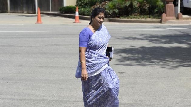 Expelled AIADMK leader L Sasikala Pushpa at Parliament House in New Delhi on Wednesday. (HT Photo) Expelled AIADMK leader L Sasikala Pushpa at Parliament House in New Delhi on Wednesday. (HT Photo)