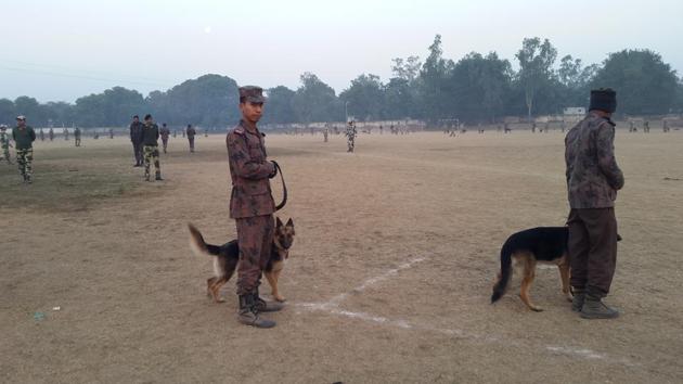 A Bangladeshi soldier, part of a team of 20 that is here to train 9 dogs in narcotics and 9 in explosives detection. NTCD trains dogs from friendly neighbouring nations. (Rachel Lopez / Ht Photos)