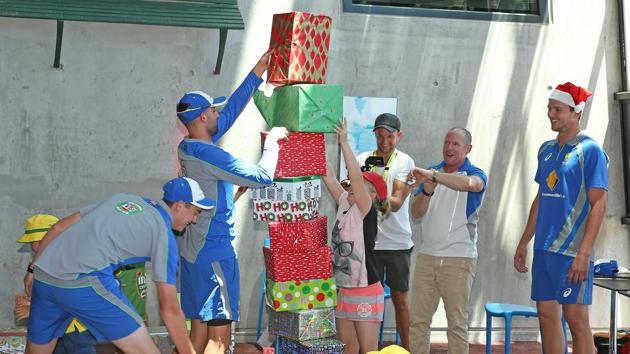 Nathan Lyon, Josh Hazelwood and Matt Renshaw  at the Christmas MILO Test Training Session. (Cricket Australia/Getty Images) 