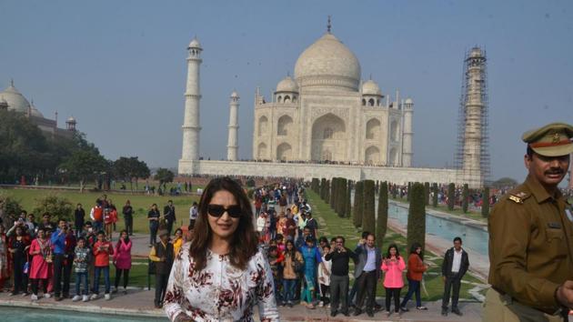 Madhuri Dixit visits Taj Mahal in Agra on Sunday.(HT Photo)