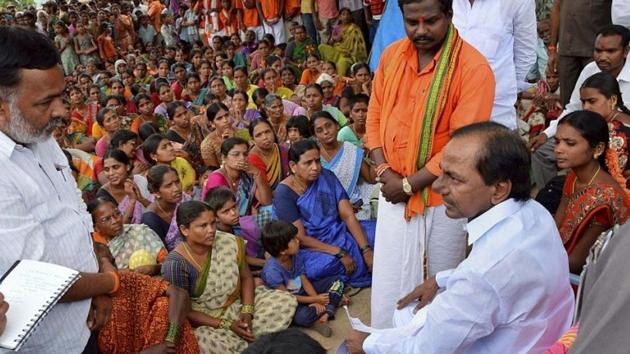 Telangana Chief Minister K Chandrashekhar Rao (KCR) at a Grama Sabha at Wargal in Medak district of the state.(PTI)