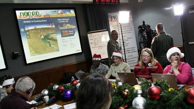 In this December 24, 2012, file photo, volunteers take phone calls from children asking where Santa is and when he will deliver presents to their house, during the annual NORAD Tracks Santa Operation, at the North American Aerospace Defense Command, or NORAD, at Peterson Air Force Base, in Colorado Springs.(AP Photo) In this December 24, 2012, file photo, volunteers take phone calls from children asking where Santa is and when he will deliver presents to their house, during the annual NORAD Tracks Santa Operation, at the North American Aerospace Defense Command, or NORAD, at Peterson Air Force Base, in Colorado Springs.(AP Photo)