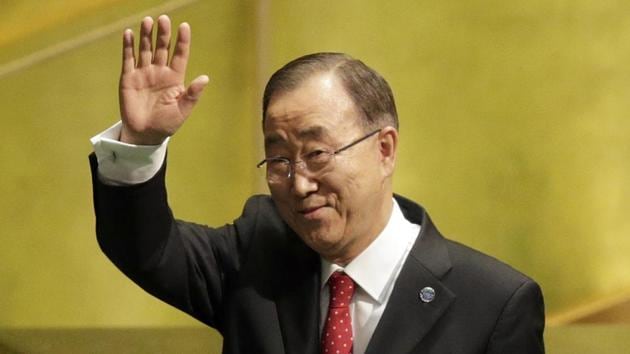 United Nations secretary-general Ban Ki-moon waves after speaking at the swearing-in ceremony for his successor, Antonio Guterres, at UN headquarters.(AP File Photo)