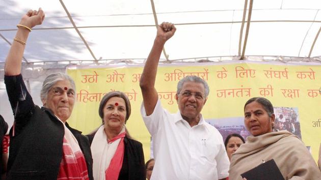 Kerala chief minister Pinarayi Vijayan with CPI(M) leader Brinda Karat and Suhasini Ali in Bhopal, October 12. (PTI) Kerala chief minister Pinarayi Vijayan with CPI(M) leader Brinda Karat and Suhasini Ali in Bhopal, October 12. (PTI)