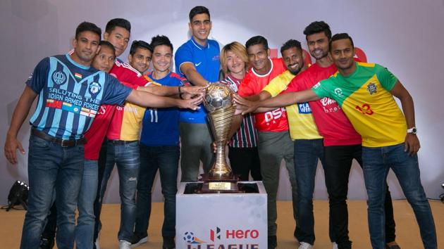 Players representing the 10 teams that will feature in the 10th I-League tournament pose with the trophy. The league’s new edition was launched in New Delhi on Tuesday. (AIFF) Players representing the 10 teams that will feature in the 10th I-League tournament pose with the trophy. The league’s new edition was launched in New Delhi on Tuesday. (AIFF)