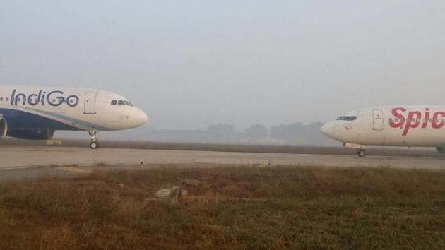 The two planes came face to face at the Delhi airport taxiway on foggy Tuesday morning. (HT Photo on Twitter / @FaiHaider) The two planes came face to face at the Delhi airport taxiway on foggy Tuesday morning. (HT Photo on Twitter / @FaiHaider)
