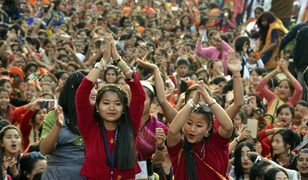 Students participate in a rally held as part of ABVP meet in Indore on Monday.(Arun Mondhe/HT)