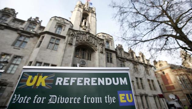 Part of a pro-Brexit protester's placard held up outside the Supreme Court in central London. (REUTERS) Part of a pro-Brexit protester's placard held up outside the Supreme Court in central London. (REUTERS)