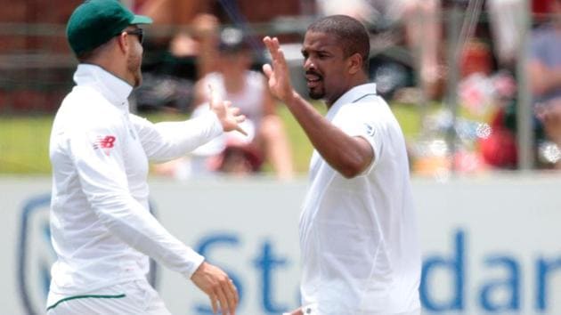 Vernon Philander (Right) celebrates the dismissal of Sri Lanka batsman Dhananjaya De Silva (not pictured) during the second day of the first cricket Test match in Port Elizabeth on Tuesday.(AFP)
