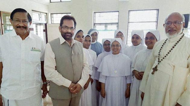 Union minister of state for minority affairs Mukhtar Abbas Naqvi meeting with George Alencherry, Cardinal and Major Arch Bishop of Diocese of Ernakulam in Kochi on December 27.(PTI Photo) Union minister of state for minority affairs Mukhtar Abbas Naqvi meeting with George Alencherry, Cardinal and Major Arch Bishop of Diocese of Ernakulam in Kochi on December 27.(PTI Photo)