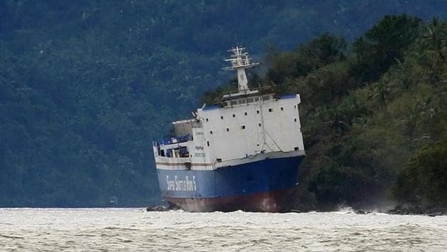 A passenger inter-island ferry Shuttle RoRo 5 is pictured after it was swept ashore at the height of Typhoon Nock-Ten in Mabini, Batangas. (Erik De Castro/reuters)