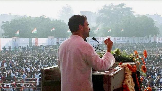 Congress vice-president Rahul Gandhi addresses a rally in Rajasthan’s Baran on Monday.(PTI)