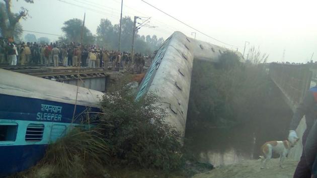 Two of the fifteen derailed bogies fell in the nearby canal(HT Photo)